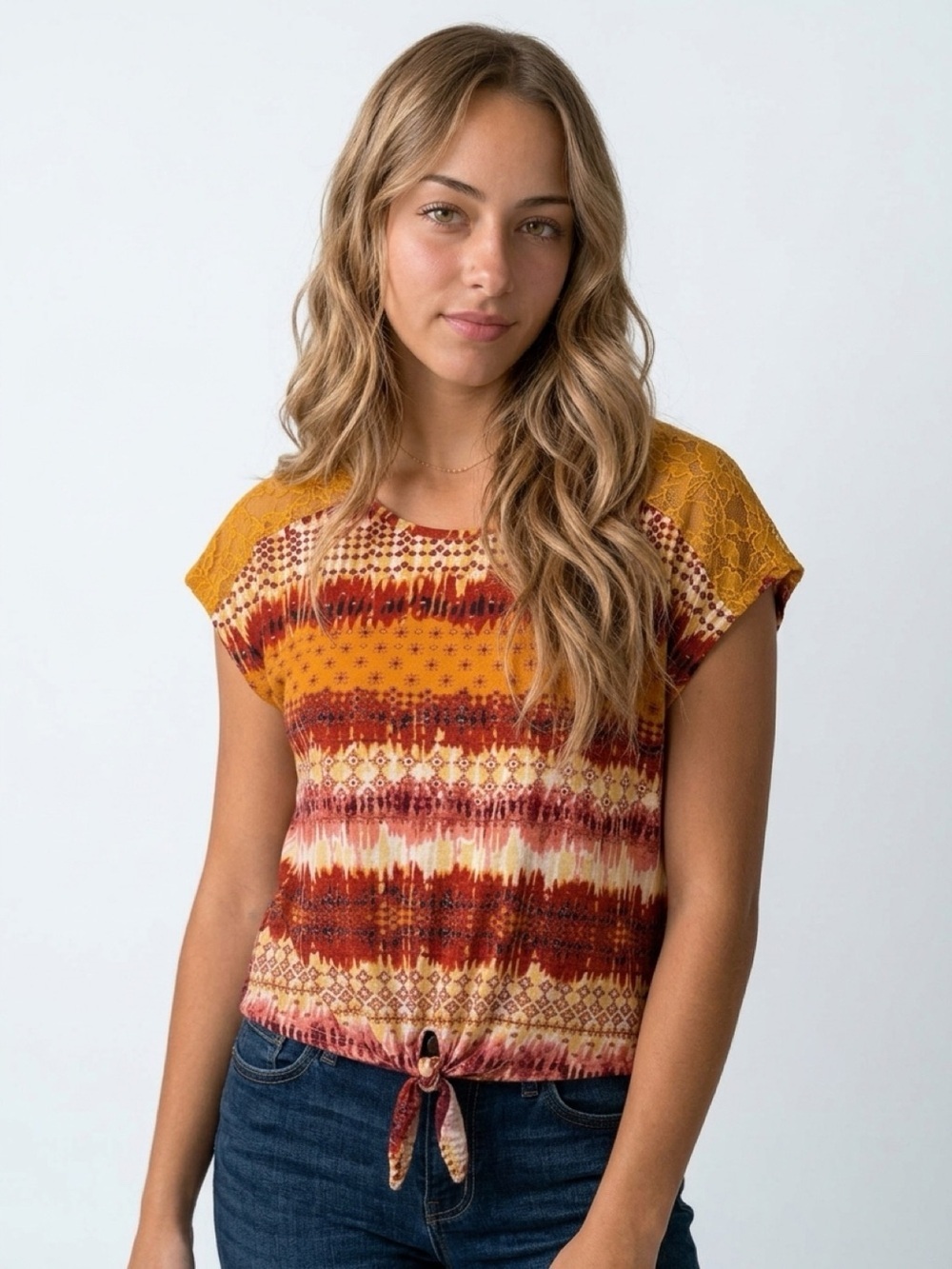 Kristin Nicole Women's XL Boho Geometric Print Blouse Lace Accents